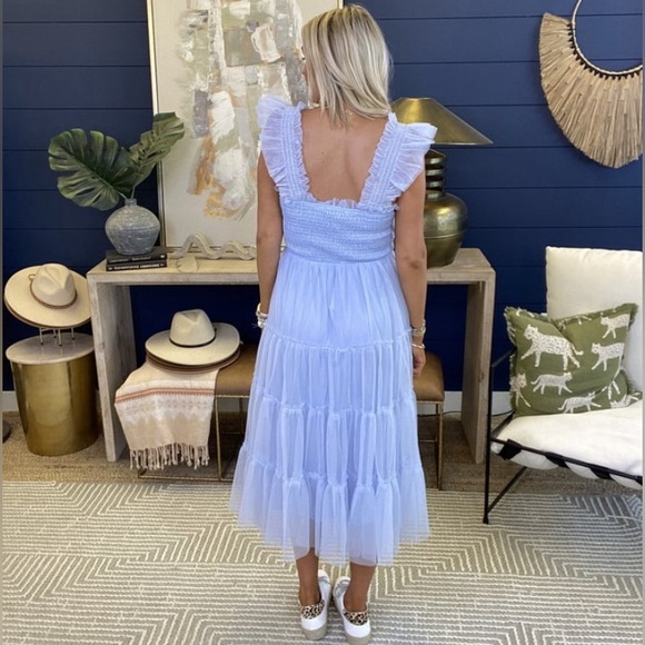 NWT Listicle Smocked Ruffle Tiered Mesh Midi Maxi Dress Size Large Retail $74 - Picture 3 of 16